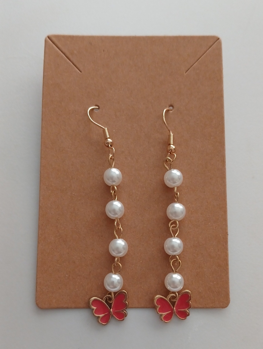 Gold-Tone Pearl Drop Earrings with Pink Butterfly Charm